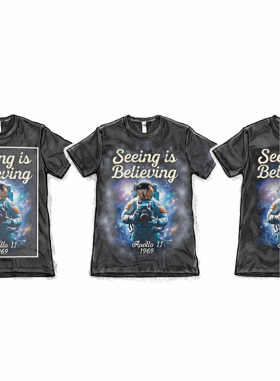 Three shirts side by side showing BOX artifact, white HAZE, and clean HALFTONES result on black shirts