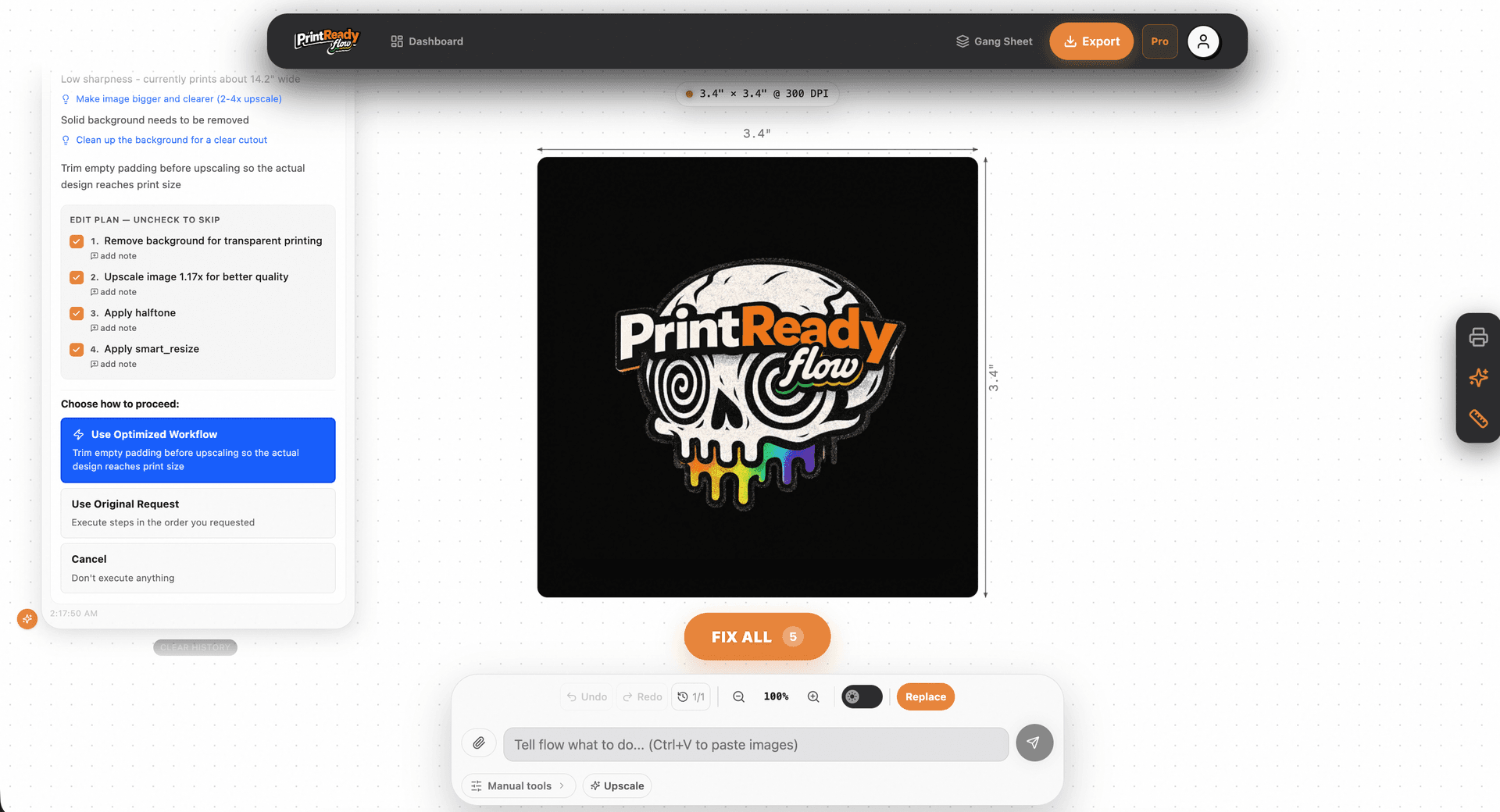 The real PrintReady Flow editor analyzing a skull logo design: an editable fix plan with background removal, upscale, and halftone steps beside the design on the canvas, with one Fix All button below