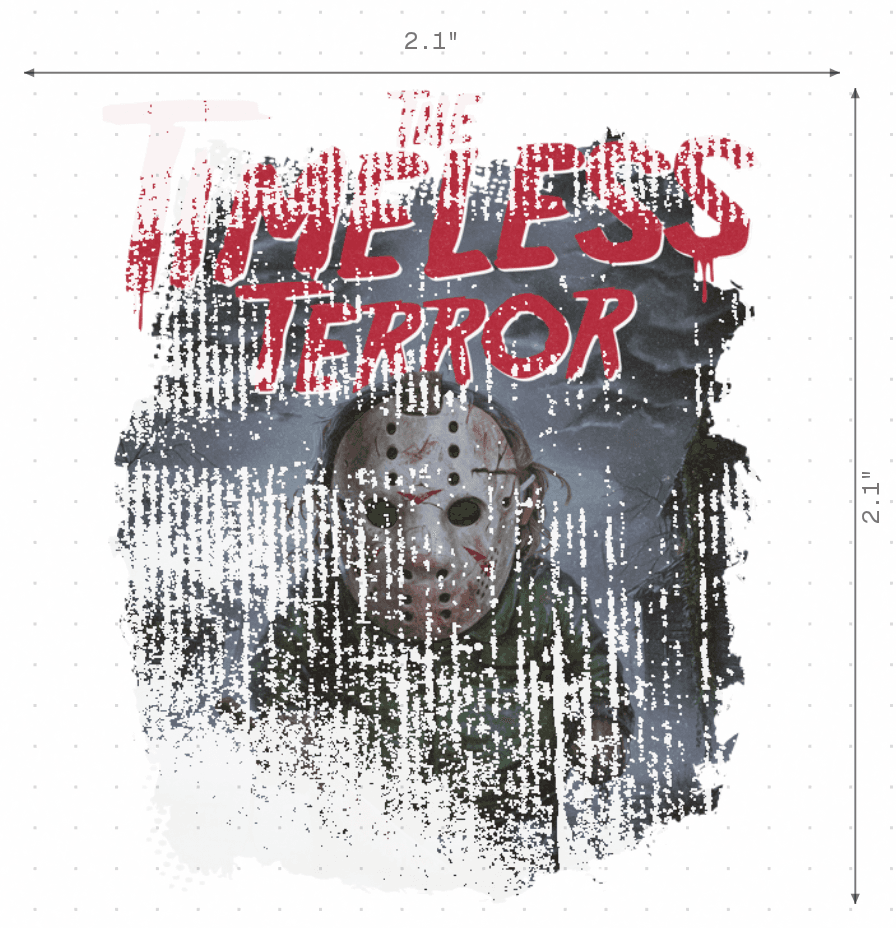 A gradient-heavy horror poster design on the editor canvas, measured at 2.1 inches